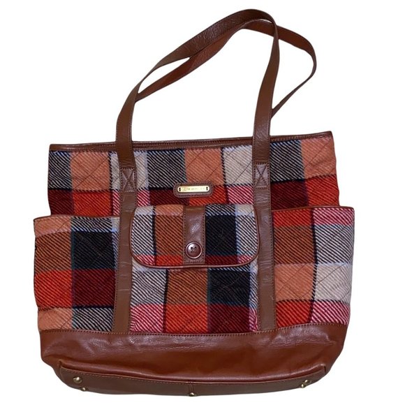 Vera Bradley Canyon Plaid Large Leather Trim Tote Bag w/ Keys Interior Print - Picture 1 of 11